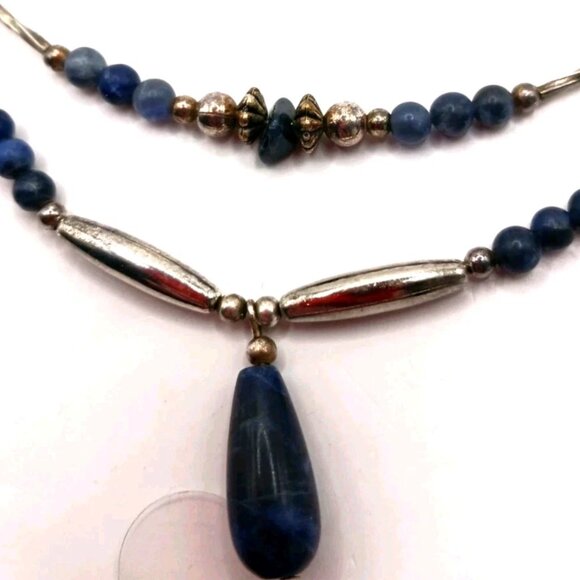 Vintage 17" Liquid Silver Double Layer Necklace Blue Stone - Picture 2 of 10